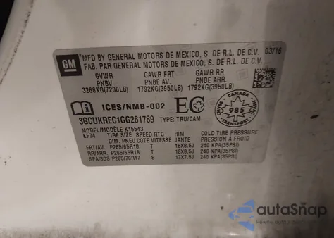 2016 Chevrolet Silverado 1500 2Lt из США, поврежденный, VIN 3GCUKREC1GG261789